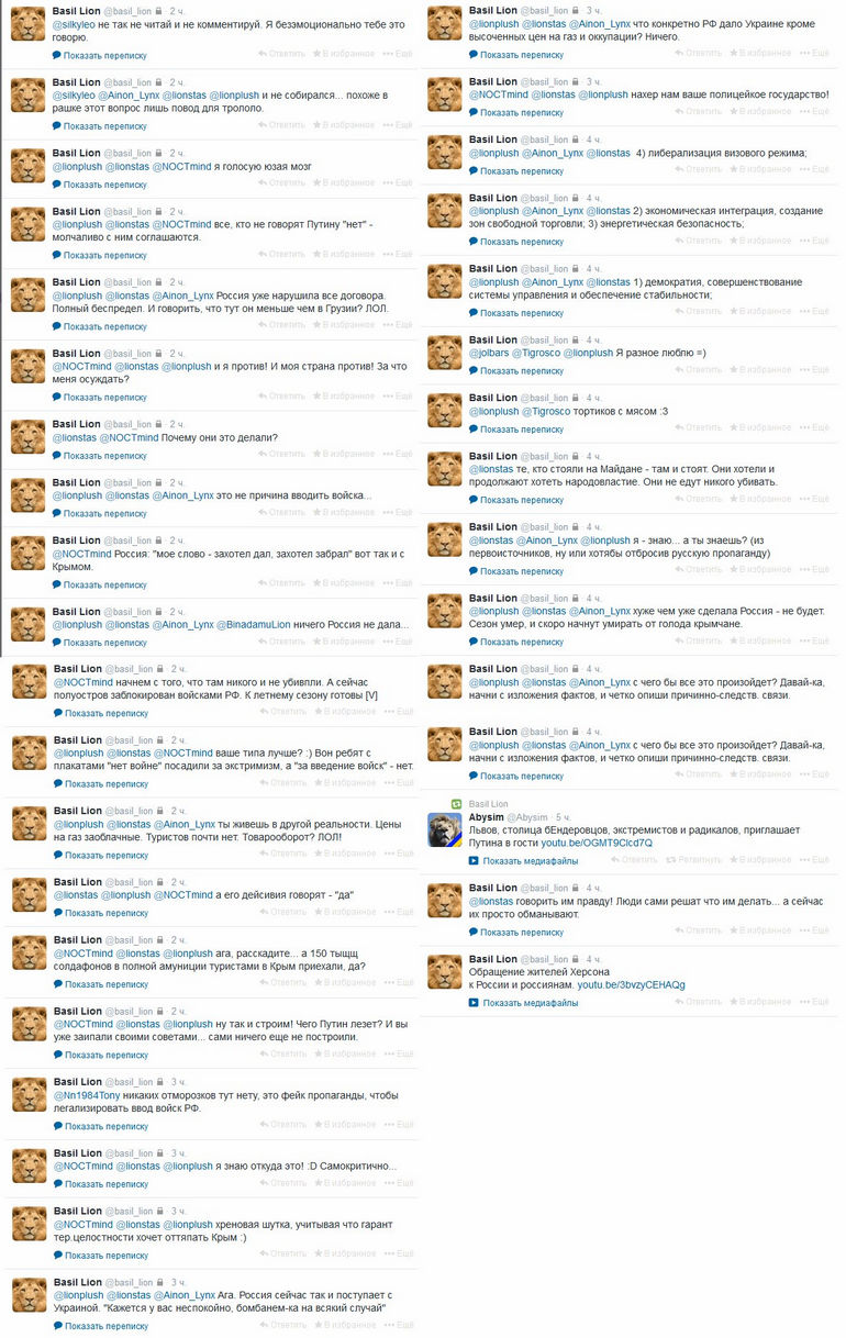 Скриншот Twitter-треда: пользователи Basil Lion, Airon_Lynx, NOCTmind, lionstas, Abyssum спорят о событиях на Украине — Майдан, Крым, ввод войск РФ, пропаганда, «Свободу Сибири»