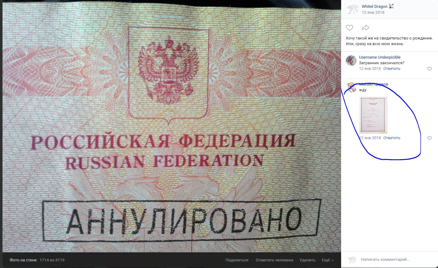 📋 ВКонтакте — фотография обложки российского паспорта: двуглавый орёл, надпись «РОССИЙСКАЯ ФЕДЕРАЦИЯ / RUSSIAN FEDERATION»; поверх паспорта крупная красная надпись «АННУЛИРОВАНО»; рядом фрагмент поста со страницы «Whitel Dragon» с комментариями; подпись «Фото на лице · 17 мар 2018».