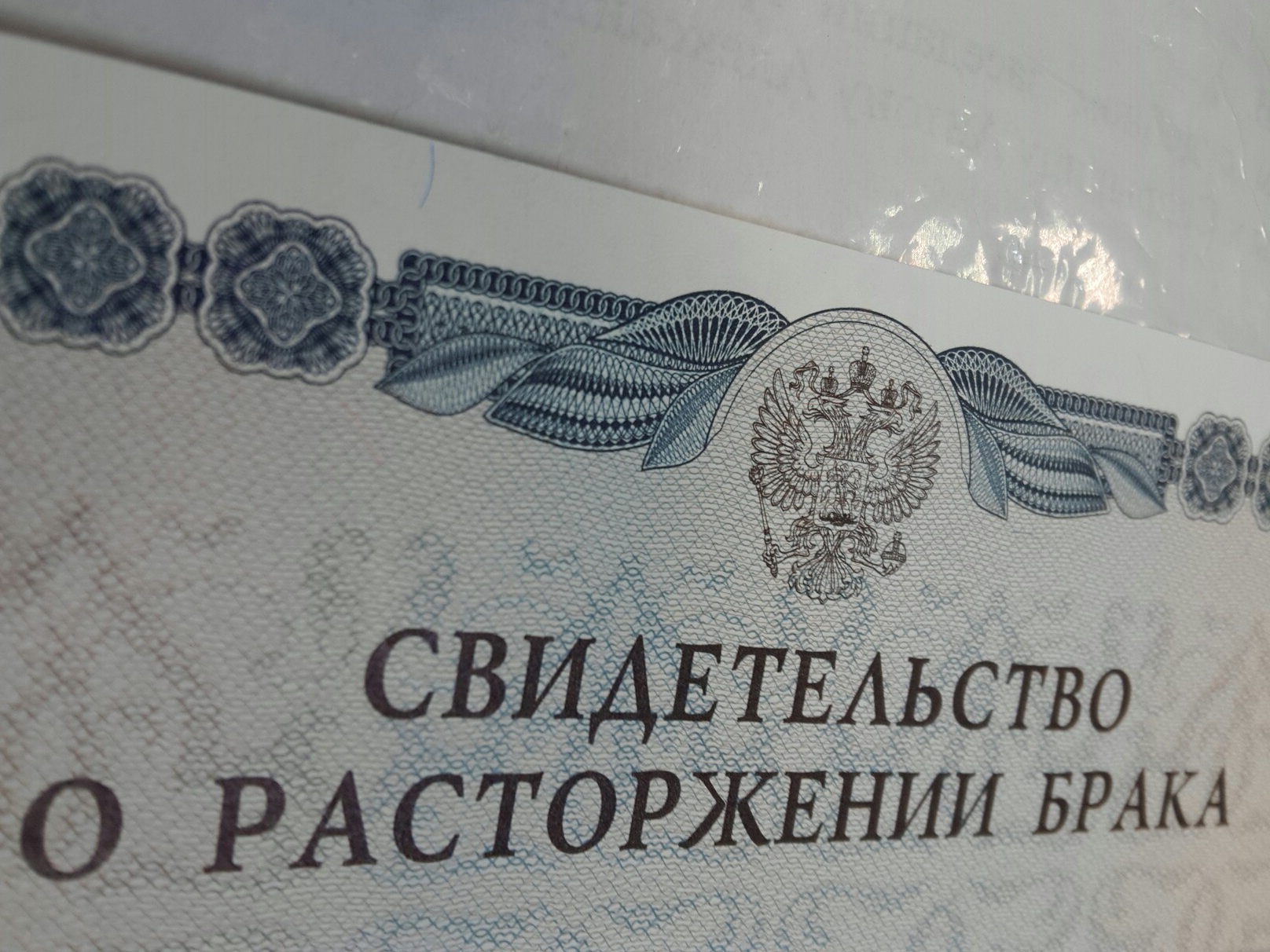 Верхняя часть официального российского бланка «Свидетельство о расторжении брака» с гербом — двуглавым орлом — и орнаментальной рамкой