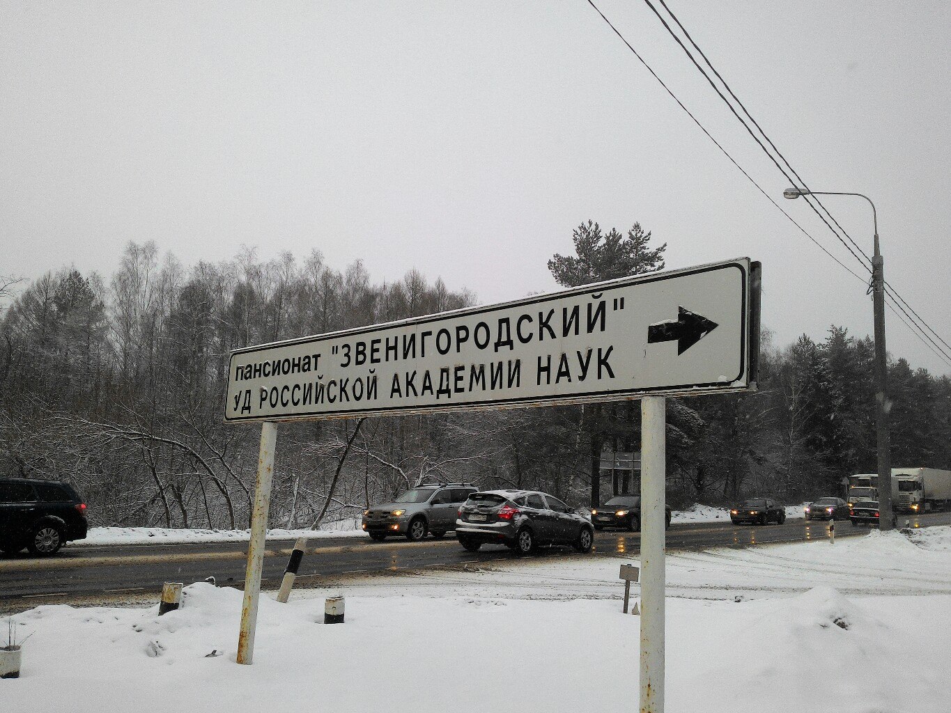 Дорожный указатель со стрелкой вправо: «Пансионат «Звенигородский» УД Российской академии наук»; зимняя заснеженная дорога с пробкой из легковых автомобилей, пасмурное небо, заснеженный лес на заднем плане