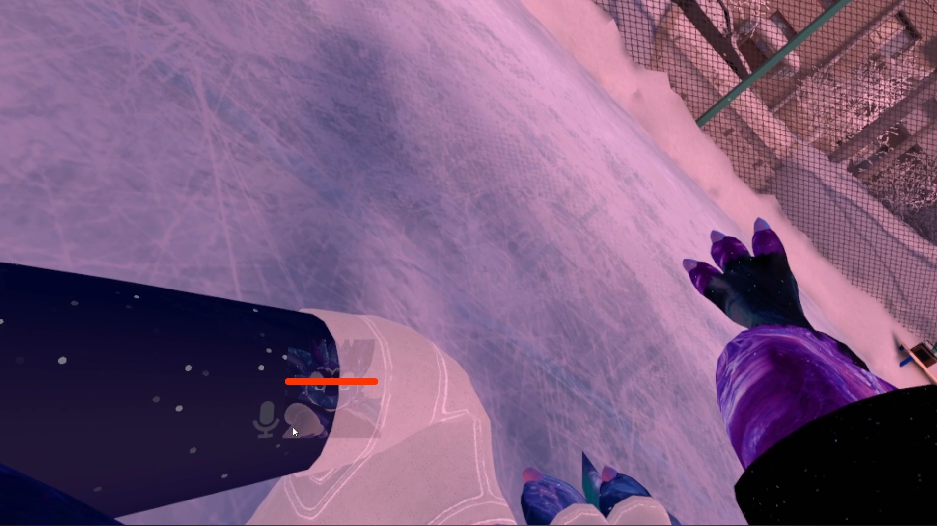 🖼️ VRChat: вид от первого лица — синие меховые лапы аватара (кот или дракон) на фоне заснеженного катка с сеткой, оранжевый индикатор микрофона и VR-шлем слева.