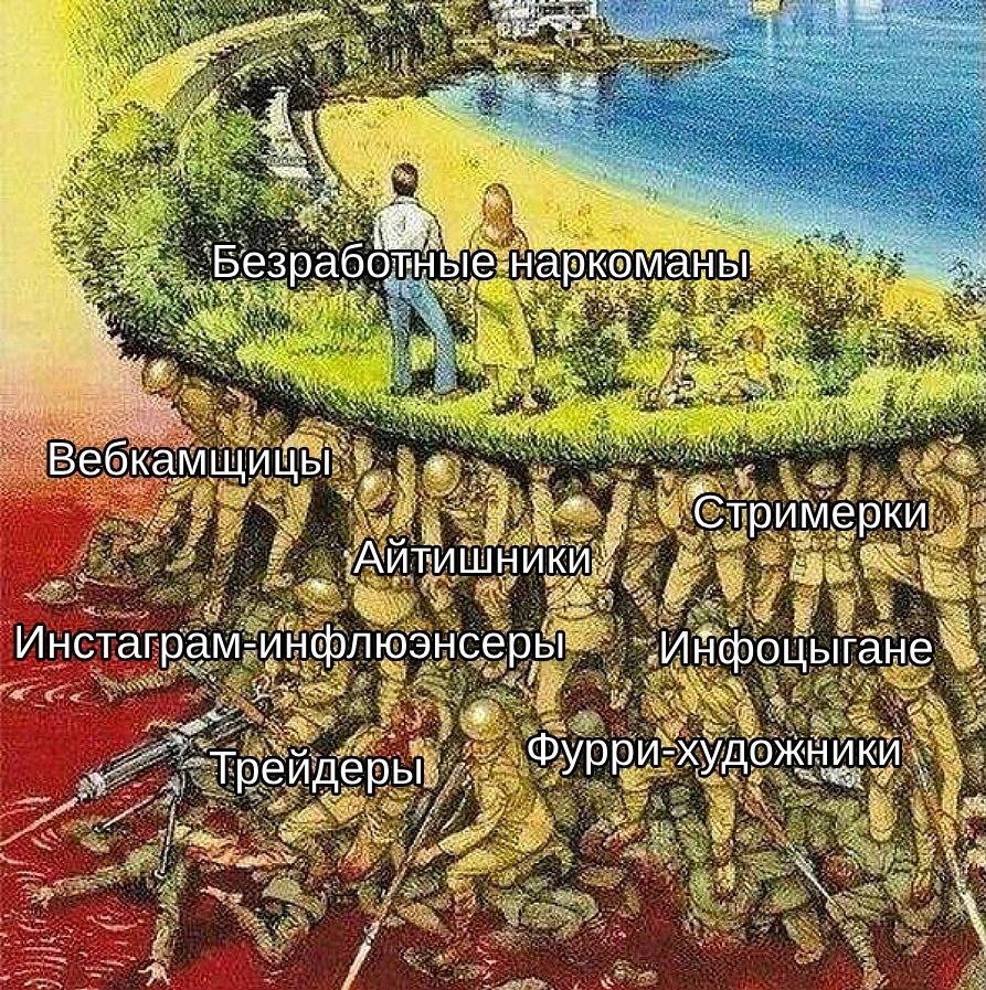 🖼️ Рисунок — пирамида «социального дна»: верхний ярус — «Безработные наркоманы»; средний — «Всёкамщицы» / «Айтишники» / «Стримеры»; ниже — «Инстаграм-инфлюенсеры» / «Инфоцыгане»; самый низ — «Трейдеры» / «Фурри-художники».