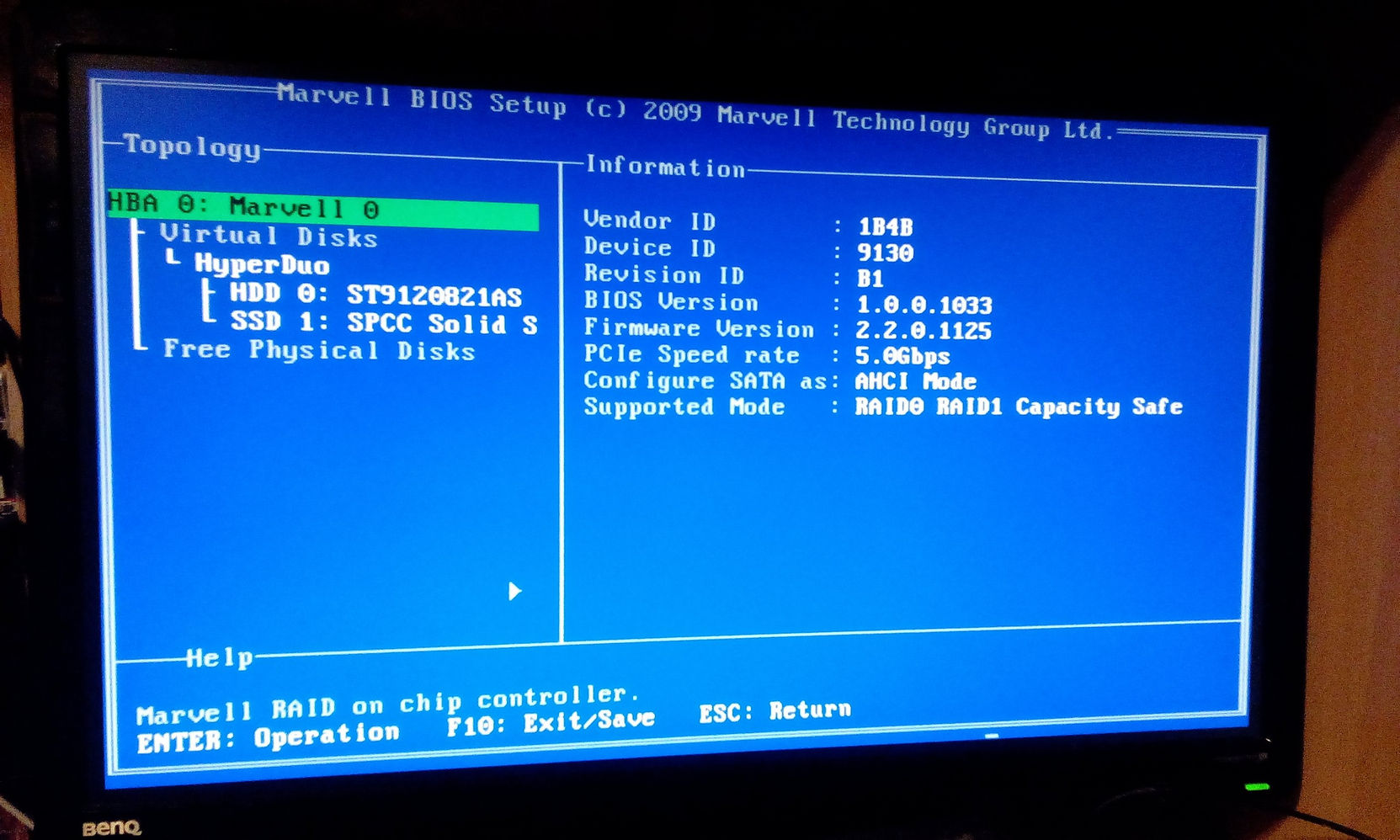 Экран монитора BenQ: Marvell BIOS Setup — топология HyperDuo: HDD 0 ST9120021AS + SSD 1 SPCC Solid S; Vendor ID 1B4B, PCIe 5 Гбит/с, режим AHCI
