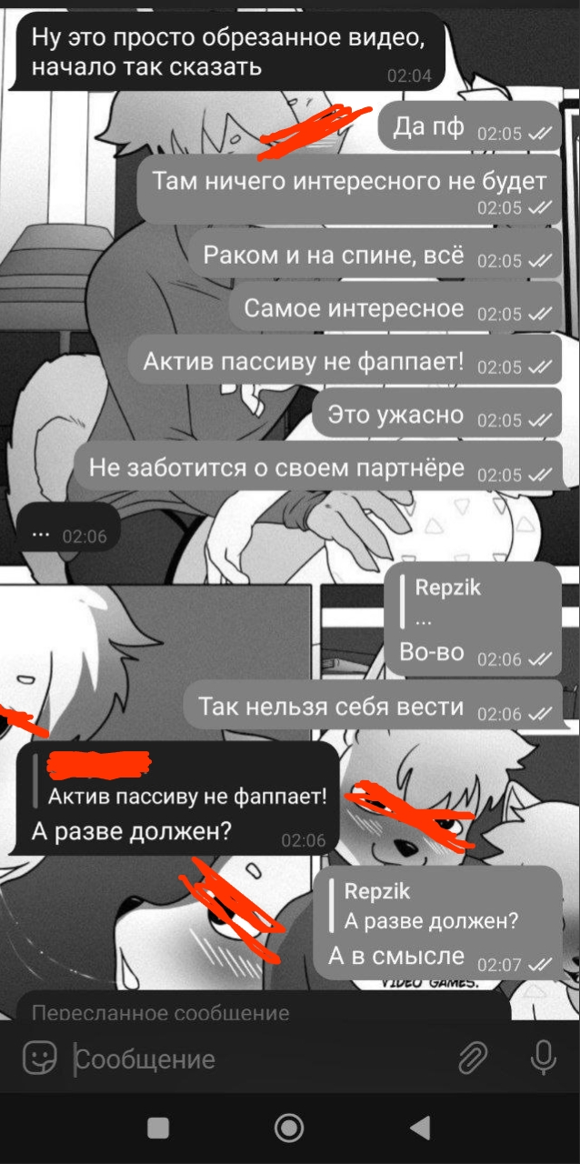 📋 Скриншот переписки в мессенджере на фоне аниме-арта (двое антропоморфных персонажей в постели): «Ну это просто обрезанное видео, начало так сказать» 02:04; «Там ничего интересного не будет» 02:05; «Раком и на спине, всё» 02:05; «Актив пассиву не фаппает!» 02:05; «Это ужасно» 02:05; «Не заботится о своем партнёре» 02:05; «Repzik — Во-во» 02:06; «Так нельзя себя вести» 02:06; «Актив пассиву не фаппает! А разве должен?» 02:06; «Repzik — А разве должен? — А в смысле» 02:07.