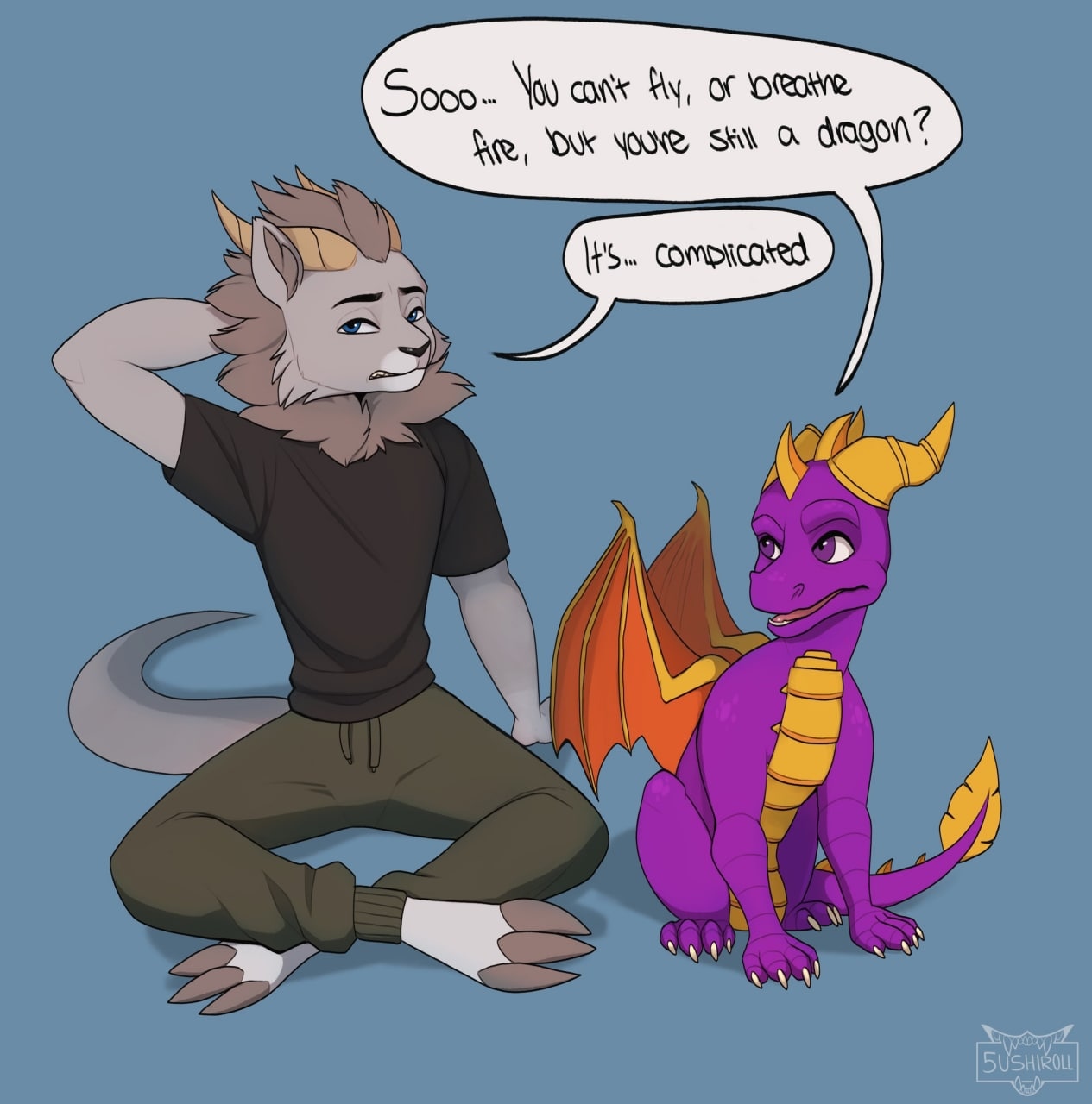 🖼️ Фурри-арт: коричневый рогатый персонаж и фиолетовый дракон. Текст: «Sooo... You can't fly, or breathe fire, but you're still a dragon?» — «It's... complicated».