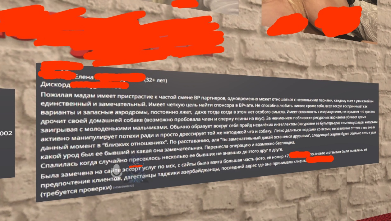 📋 VRChat: доска с текстом (имя и фото закрыты): «Елена (32+ лет) — Пожилая мадам имеет пристрастие к частой смене ВР партнёров... Дрочит своей домашней собаке (возможно пробовала член и сперму пёсса на вкус)... предпочтение клиентов: дагестанцы таджики азербайджанцы (требуется проверки)».