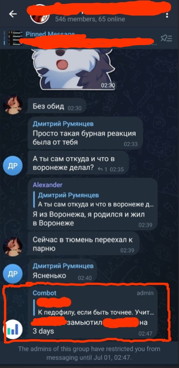 📋 Telegram-чат (65 members): Combot admin (02:47) — цитирует реплику «К педофилу, если быть точнее. Учит...» и сообщает: «[имя] замьютил [имя] на 3 days»; системное сообщение: «The admins of this group have restricted you from messaging until Jul 01, 02:47.»
