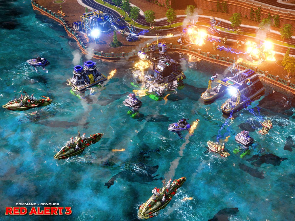 Скриншот игры Command & Conquer: Red Alert 3 — вид сверху на морское сражение: синяя вода с волнами, несколько боевых кораблей и катеров разных фракций, взрывы и спецэффекты; логотип игры в левом нижнем углу