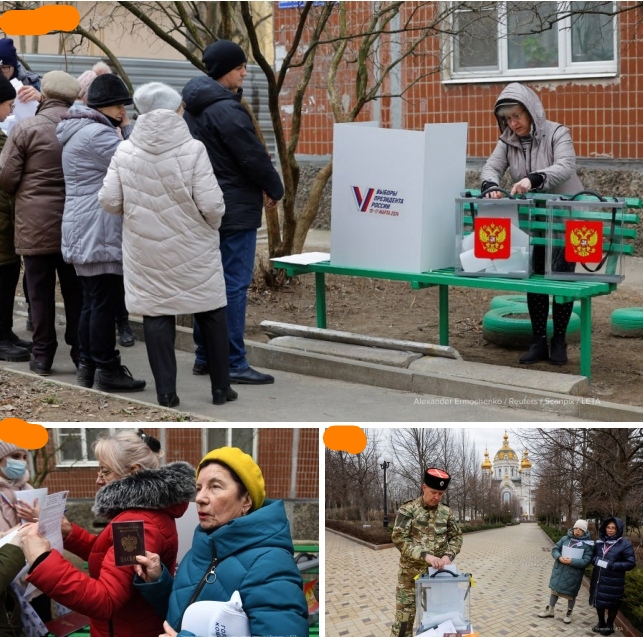 📋 Коллаж фотографий голосования в Донецке: пожилые люди у избирательной урны; военный в форме несёт переносную урну.