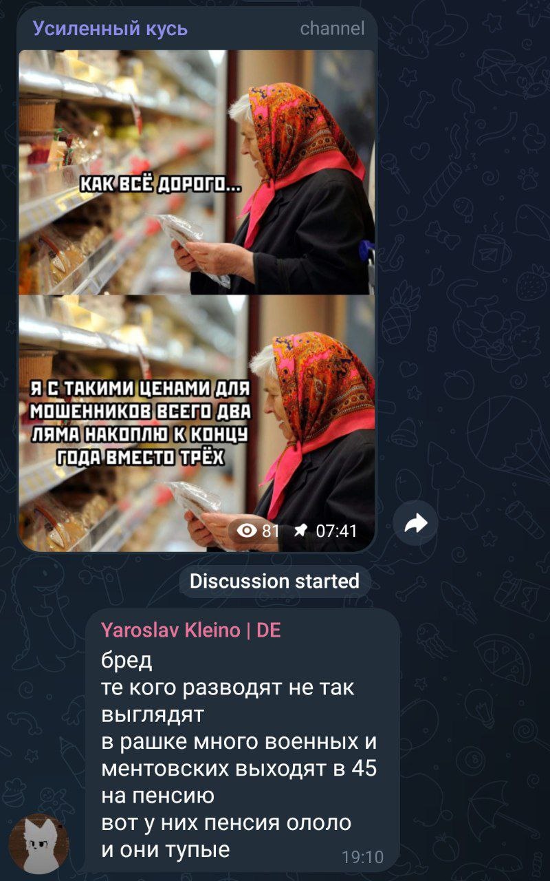 📋 Telegram-канал «Усиленный кусь»: стоп-кадр видео (07:41) — пожилая женщина в цветастом платке у прилавка; подпись «Как всё дорого...» и «А с такими ценами для мошенников всего два ляма накоплю к концу года вместо трёх»; комментарий «Yaroslav Kleino | DE»: «бред, те кого разводят не так выглядят, в рашке много военных и ментовских выходят на 45 на пенсию, у них пенсия олоо и они тупые» (17:19).