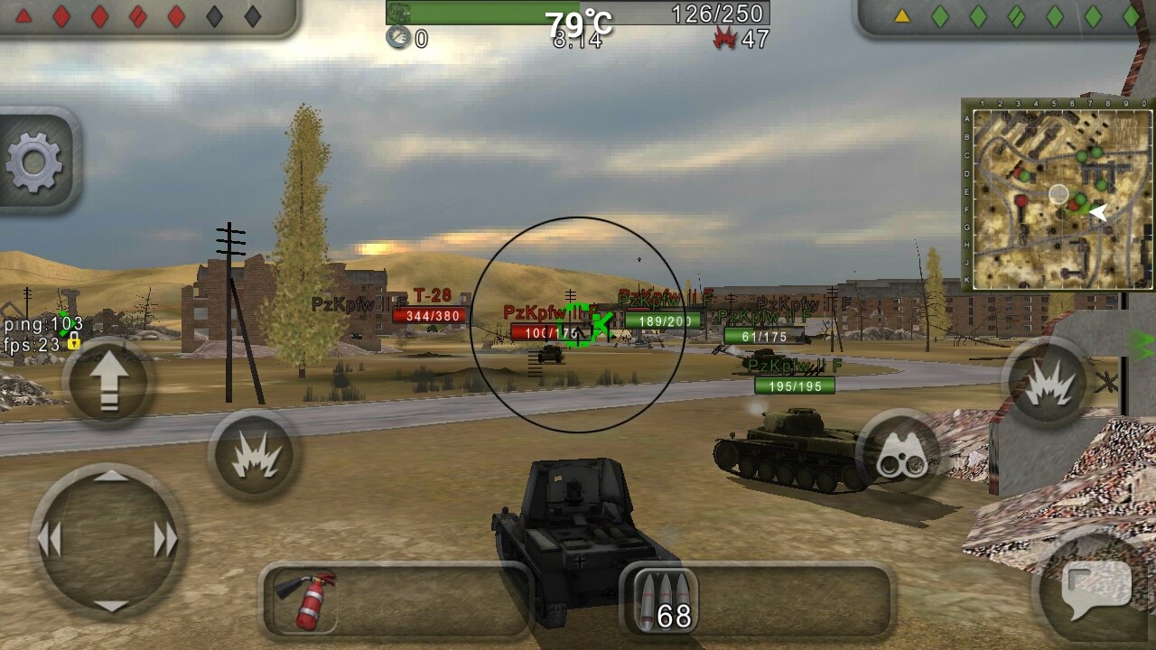 Скриншот World of Tanks Blitz (Android): бой на карте с жёлтыми холмами; вверху — температура CPU 79°C, HP 126/250, 47 огней; на поле — танки T-28, PzKpfw II; ping 103, fps 23; геймпадные кнопки управления по краям
