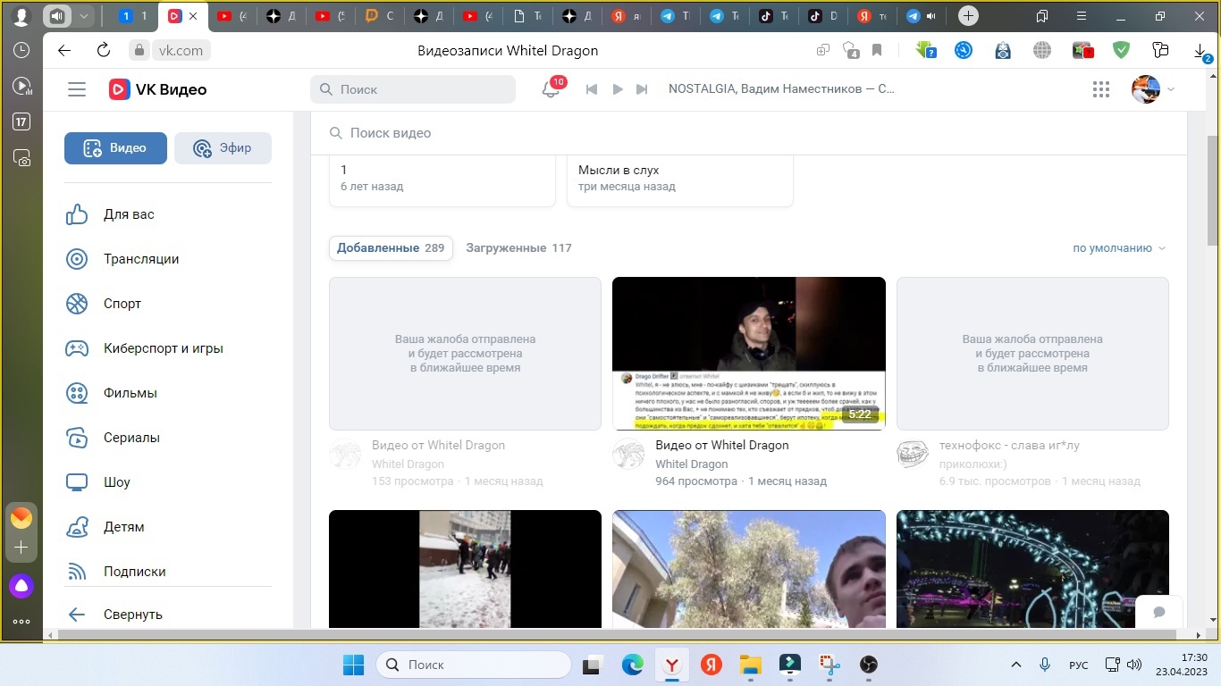 📋 Скриншот VK Видео «Видеозаписи Whitel Dragon» (17:30, 23.04.2023): «Добавленные 289, Загруженные 117»; два видео с надписью «Ваша жалоба отправлена и будет рассмотрена в ближайшее время» (заблокированные); активное видео «технофокс — слава ш*ру прикольно)» 6.9 тыс. просмотров, Whitel Dragon.