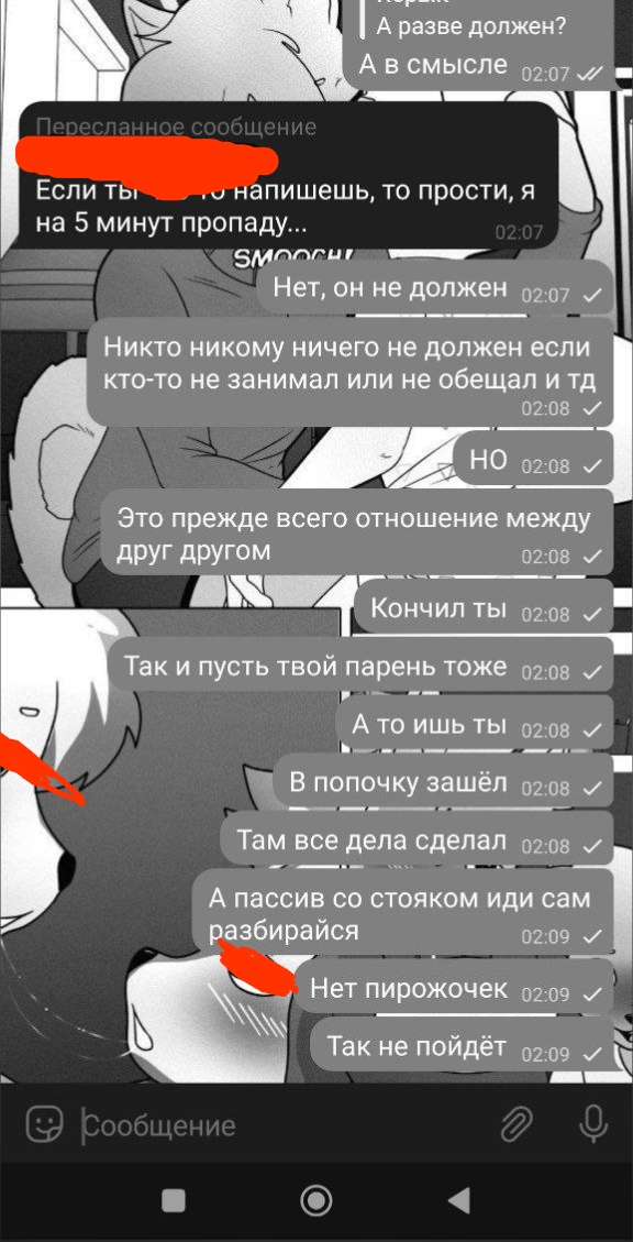 📋 Продолжение той же переписки: «Пересланное сообщение: Если ты... то напишешь, то прости, я на 5 минут пропаду... SMOOCH!» 02:07; «Нет, он не должен» 02:07; «Никто никому ничего не должен если кто-то не занимался или не обещал и тд» 02:07; «НО» 02:08; «Это прежде всего отношение между друг другом» 02:08; «Кончил ты» 02:08; «Так и пусть твой парень тоже» 02:08; «В попочку зашёл» 02:08; «Там все дела сделал» 02:08; «А пассив со стояком иди сам разбирайся» 02:09; «Нет пирожочек» 02:09; «Так не пойдёт» 02:09.
