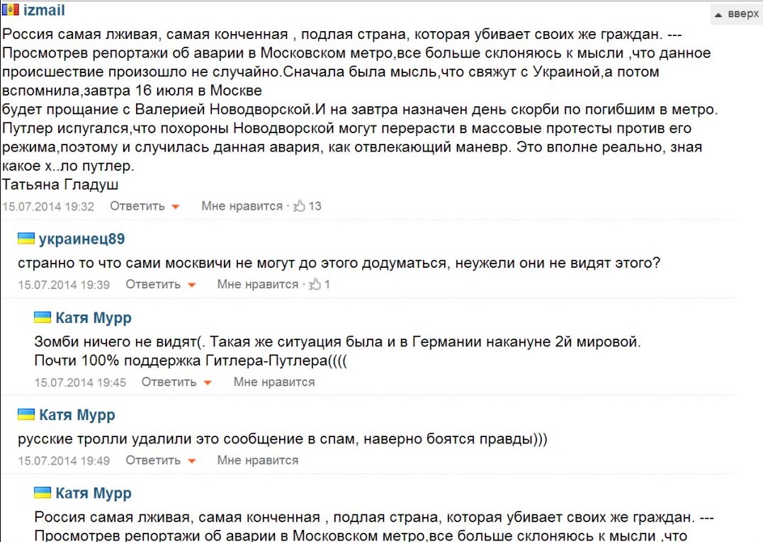 Скриншот комментариев: пользователь «izmail» с теорией заговора про аварию в Московском метро 15.07.2014 (якобы Путин устроил для отвлечения внимания); пользователи с флагами Украины соглашаются и добавляют свои версии