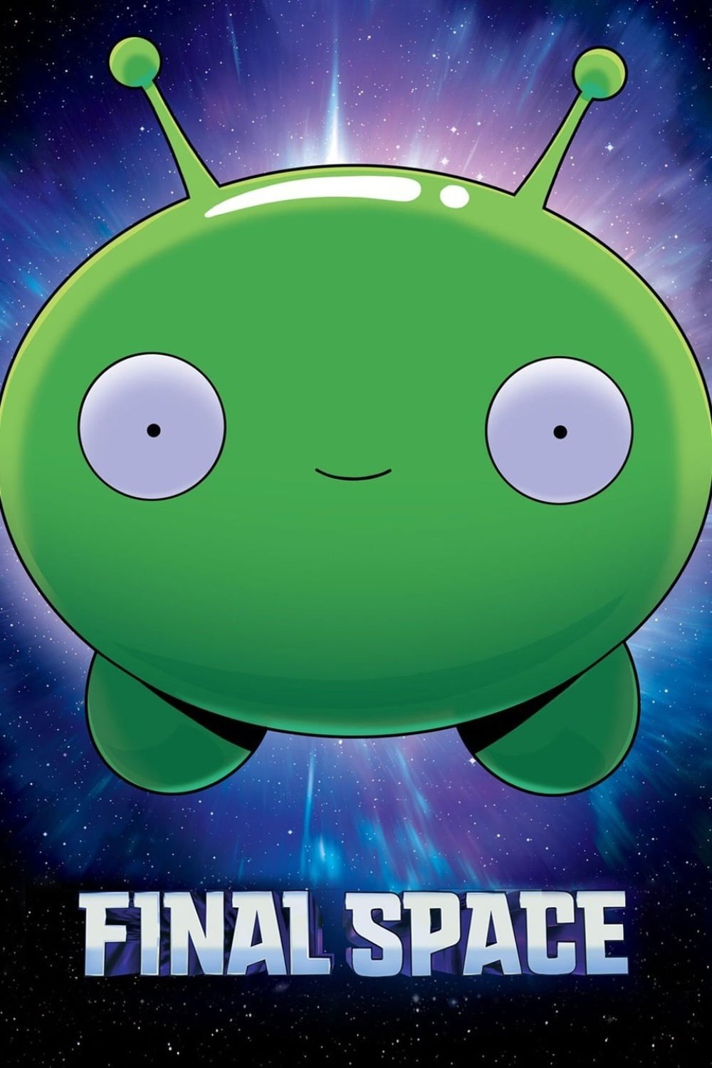 Постер мультсериала «Final Space»: зелёное круглое инопланетное существо Mooncake с двумя антеннами и большими белыми глазами, улыбается; тёмно-синий фон со звёздами и световым ореолом; внизу надпись «FINAL SPACE»