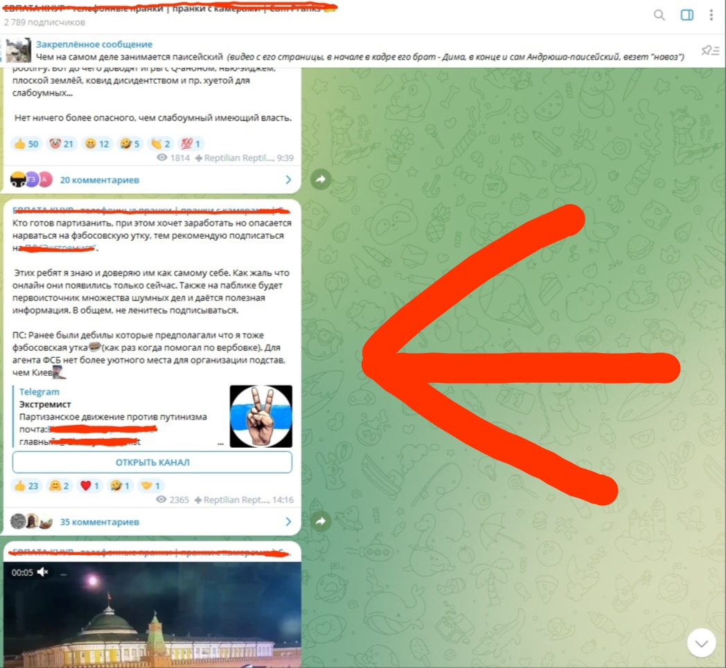 📋 Telegram-канал (2789 подписчиков): «Закреплённое сообщение» — «Чем на самом деле занимается пайсейский...»; стрелка → пост «Кто готов партизанить, при этом хочет заработать... Экстремист — Партизанское движение против путинизма».