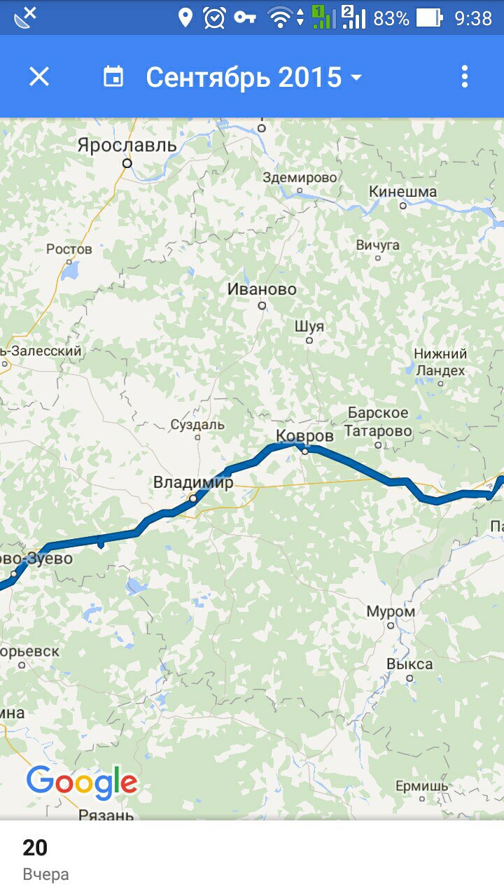 Скриншот Google Maps (Android, 9:38, заряд 83%): заголовок «Сентябрь 2015»; синяя линия маршрута поезда через Владимир — Ковров на восток; на карте города: Ярославль, Иваново, Шуя, Суздаль, Владимир, Ковров, Орехово-Зуево, Муром; внизу «20 Вчера»
