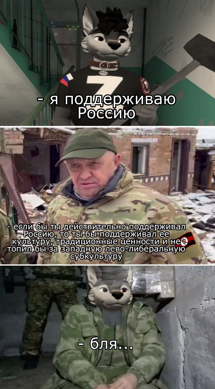 🖼️ Мем-коллаж из трёх кадров: верхний — фурсьют волка в чёрной футболке с символом «Z» на фоне подъезда, подпись «- я поддерживаю Россию»; средний — мужчина в камуфляже и кепке на фоне разрушенного здания, подпись «- если бы ты действительно поддерживал Россию, то ты бы поддерживал её культуру, традиционные ценности и не топил бы за западную лево-либеральную субкультуру»; нижний — фурсьют волка в камуфляже, подпись «- бля...».