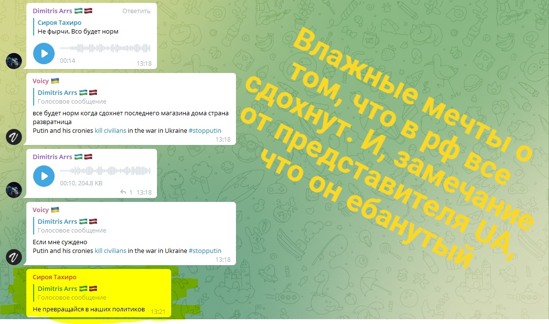 📋 Telegram с красной надписью: «Влажные мечты о том, что в РФ все сдохнут. И, замечание от представителя UA, что он ебанутый».