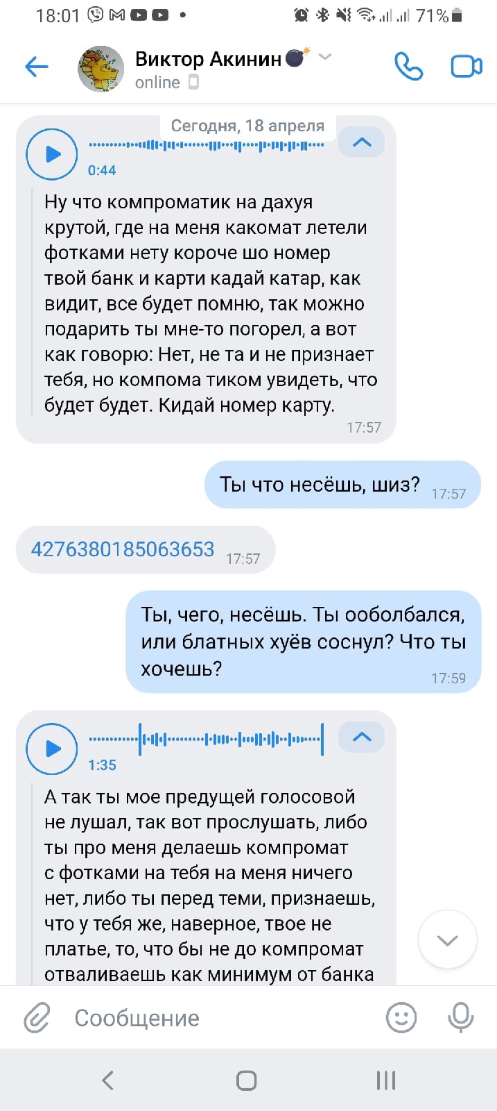 📋 Telegram, переписка с Виктор Акинин (онлайн, 18:01): голосовое сообщение 0:44; Акинин (автораспознавание): «Ну что компромат на дауна крутой, где на меня какомат летели фотками нету короче шо номер твой банк и карти кадай...»; номер карты «4276380185063653» (17:57); Акинин: «Ты что несёшь, шиз?» (17:58).