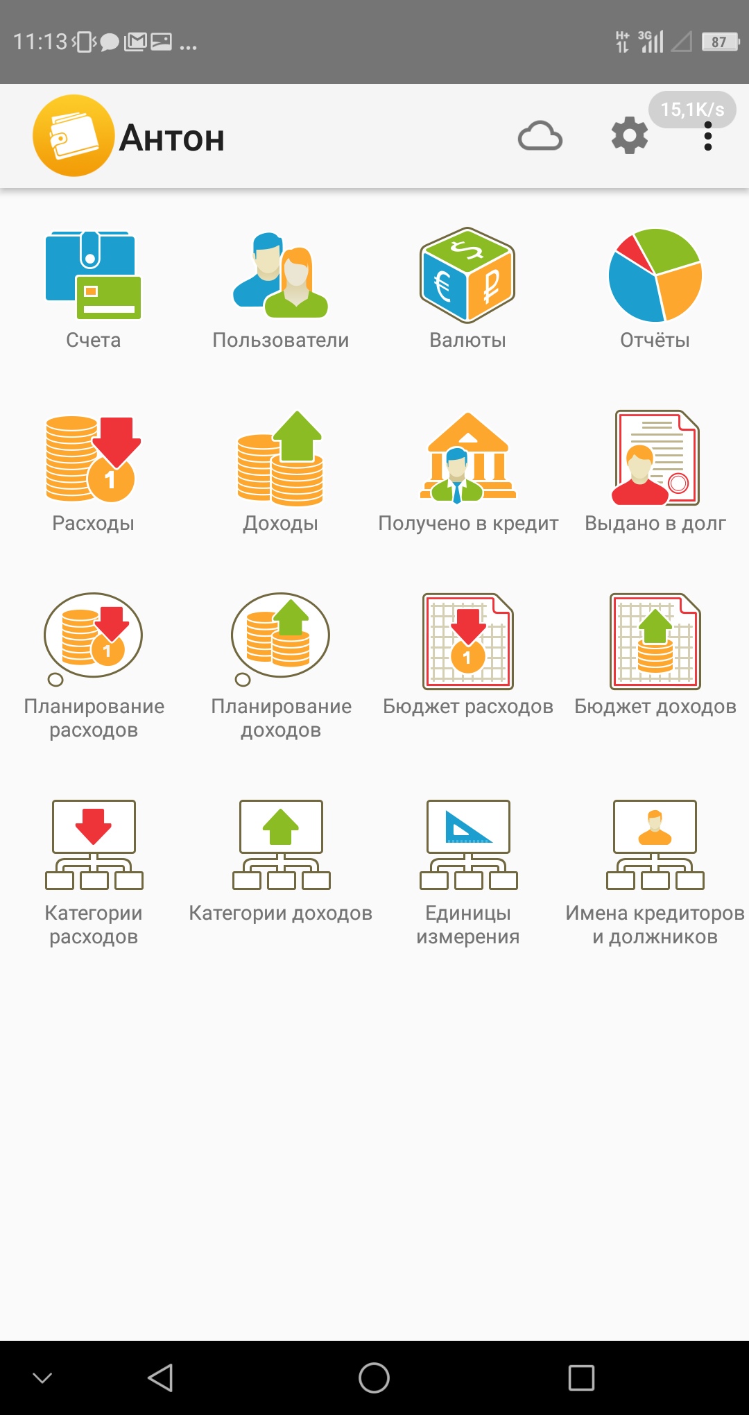 Скриншот Android-приложения учёта финансов, 11:13: заголовок «Антон», иконки облака и настроек; главное меню с разделами: «Счета», «Пользователи», «Валюты», «Отчёты», «Расходы», «Доходы», «Получено в кредит», «Выдано в долг», «Планирование расходов», «Планирование доходов», «Бюджет расходов», «Бюджет доходов», «Категории расходов», «Категории доходов», «Единицы измерения», «Имена кредиторов и должников»
