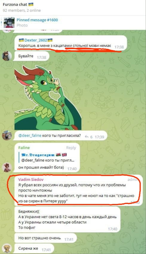 📋 Telegram, Furzona chat 🇺🇦 (2 online), Pinned message #1600: Dexter_2602 🇺🇦 — «Коротше, в мене з кацапами спільної мови немає. Бувайте.» (17:38); @deer_faline «кого ти пригласила?» (17:39); Faline: «он прошел инвайт бота» (17:40); Vadim Siedov (admin, 17:40): «Я убрал всех россиян из друзей, потому что их проблемы просто ничтожны. Но в чате меня это не заботит, тут не ноют на то как «страшно из-за сирен в Питере уyyy». Бедняжки(( А в Украине нет света 8-12 часов в день каждый день. То Украины отжали четыре области. То пофиг Сирена же» (17:41).