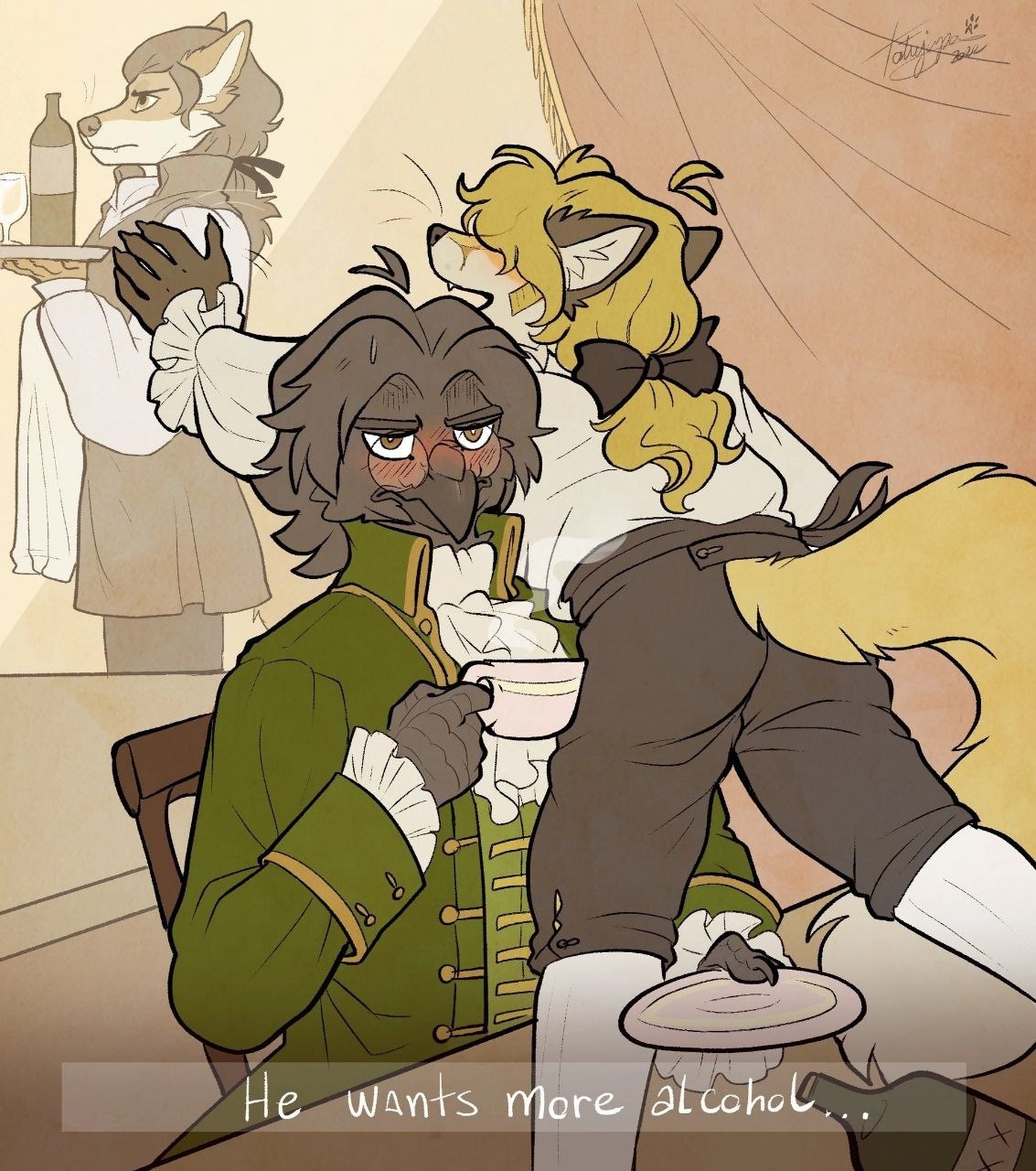 🖼️ Фурри-арт: три антропоморфных персонажа в таверне. Подпись: «He wants more alchol...».