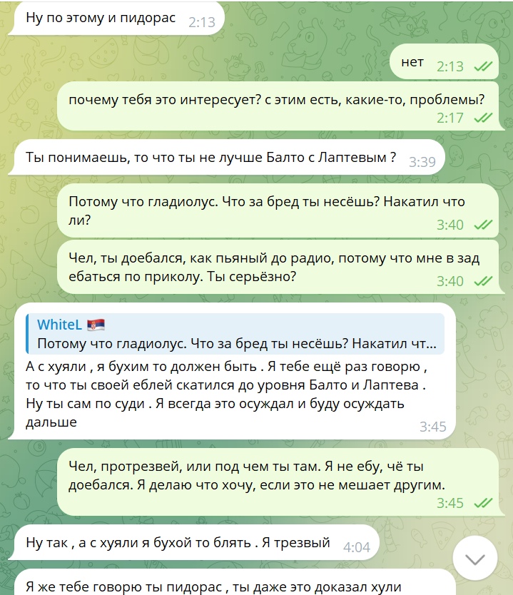 📋 Telegram, переписка 2:13–4:04: «Ну по этому и пидорас» — «нет» — «почему тебя это интересует?» — «Ты понимаешь, то что ты не лучше Балто с Лаптевым?» — WhiteL: «Потому что гладиолус. Что за бред ты несёшь? Накатил что ли?» — «А с хуяли, я бухим то должен быть... то что ты своей ёблей скатился до уровня Балто и Лаптева» 3:45 — «Ну так, а с хуяли я бухой то блять. Я трезвый» 4:04 — «Я же тебе говорю ты пидорас, ты даже это доказал хули»