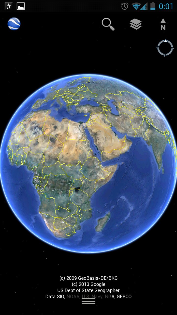 Скриншот Google Earth на смартфоне: Земля из космоса, видны Африка, Европа и Ближний Восток