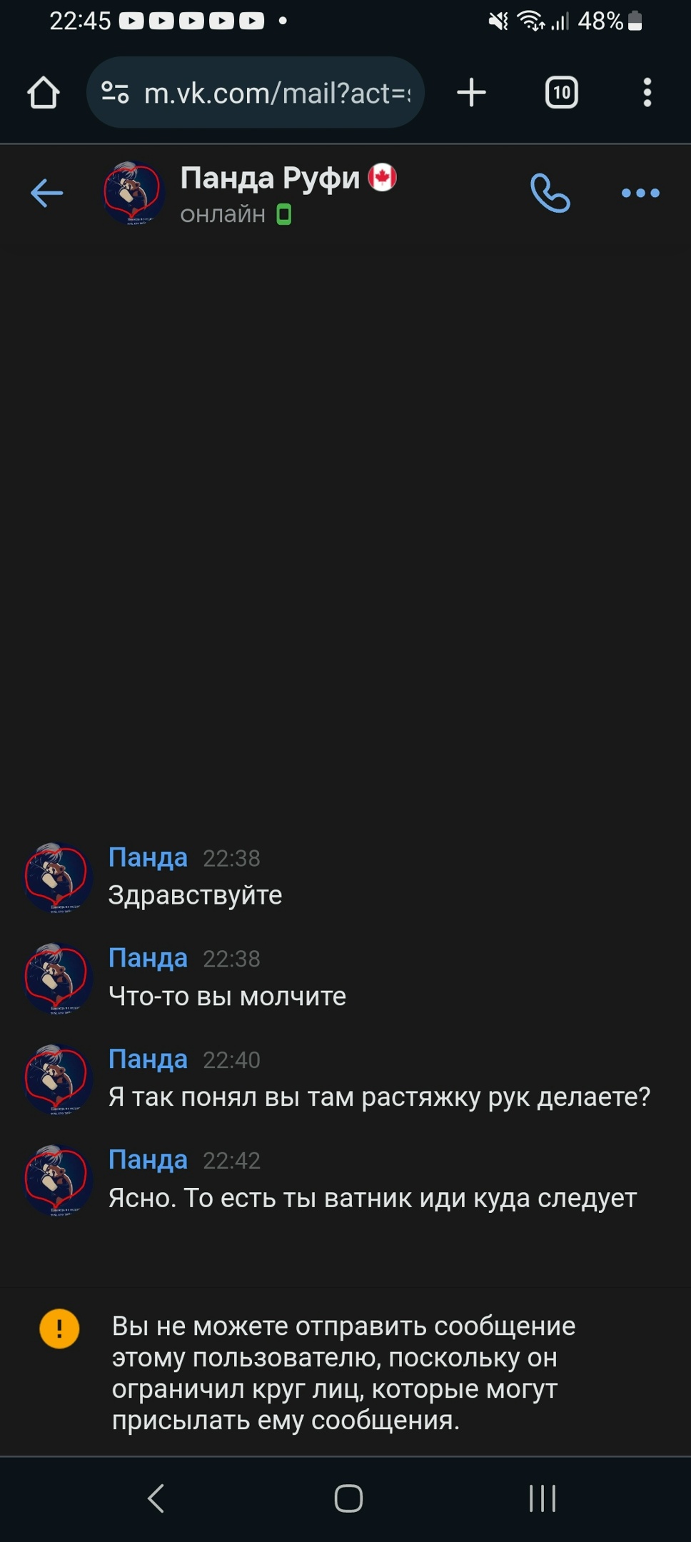📋 ВКонтакте, мессенджер, переписка с «Панда Руфи 🍁»: «Здравствуйте» → (молчание) → «Что-то вы молчите» → «Я так понял вы там растяжку рук делаете?» → «Ясно. То есть ты ватник иди куда следует» → системное сообщение «Вы не можете отправить сообщение этому пользователю».
