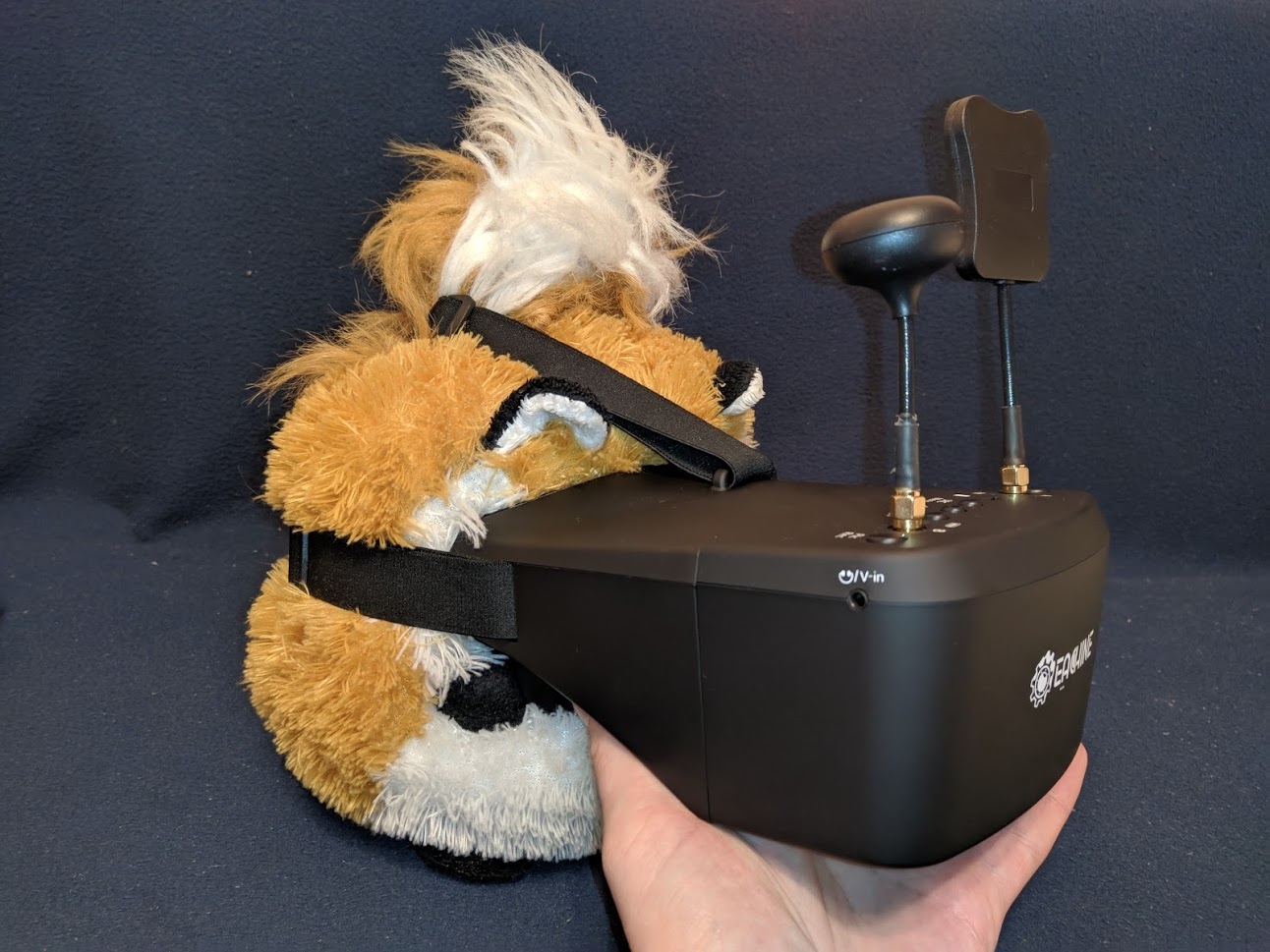 Мягкая игрушка лисы (рыжая с белыми пятнами) надевает чёрные FPV-очки EACHINE с антенной; рука держит очки, тёмно-синий фон