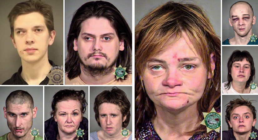 📷 Коллаж из 9 полицейских фотографий (mugshots) задержанных: мужчины и женщины разного возраста, у некоторых травмы и ссадины на лице, характерные знаки задержания округа Малтнома (Multnomah County), штат Орегон
