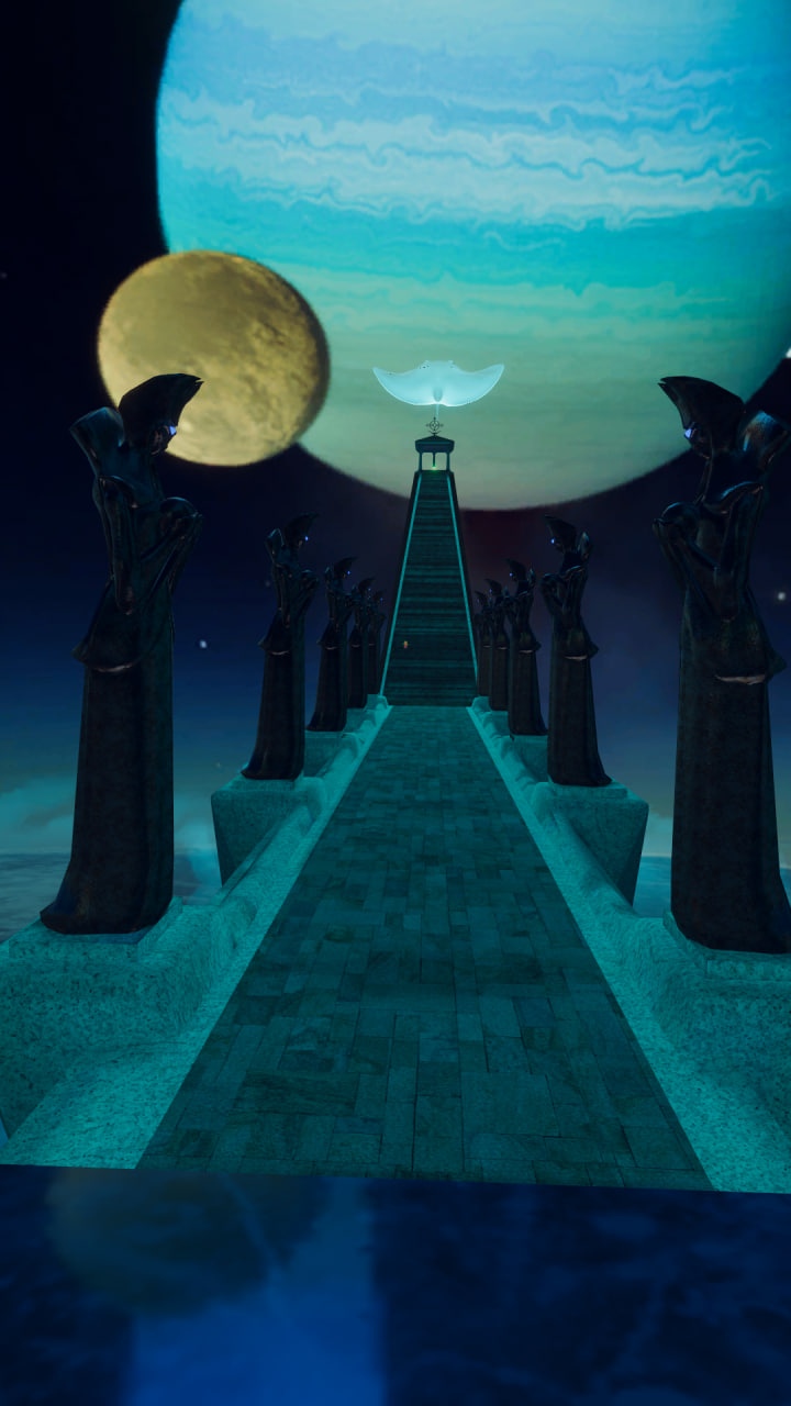 🖼️ 3D-сцена VRChat — мистический каменный пирс со статуями в мантиях по бокам, уходящий к башне вдали, на фоне огромной планеты и жёлтой луны в ночном небе.