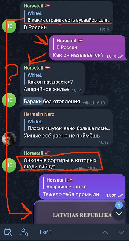 📋 Telegram чат (продолжение): Horsetail 🇵🇱: «[WhiteL — В каких странах есть аусвайсы для...] В России» 18:18; [закрашен]: «[Horsetail — В России] Как он называется?» 18:19; Horsetail 🇵🇱: «[WhiteL — Как он называется?] Аварийное жильё» 18:19; «Бараки без отопления» edited 18:19; Hermelin Nerz: «Умные всё равно не поймёшь» (?); Horsetail 🇵🇱: «Очковые сортиры в которых люди гибнут» edited 18:19; [закрашен]: «[Horsetail — Аварийное жильё] Тяжело тебя промыли...» 18:20; →LATVIJAS REPUBLIKA.