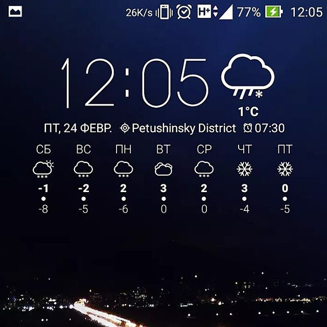Скриншот экрана блокировки Android (статусбар: 26K/s, 77% ⚡, 12:05): крупно «12:05» и иконка облака со снегом и дождём; «1°C»; «ПТ, 24 ФЕВР. • Petushinsky District • ☰ 07:30»; прогноз на 7 дней — СБ −1/−8, ВС −2/−5, ПН 2/−6, ВТ 3/0, СР 2/0, ЧТ 3/−4, ПТ 0/−5; фон — ночная городская панорама с огнями