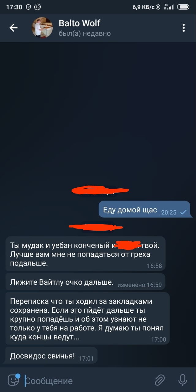 📋 Telegram Balto Wolf, был(а) недавно (17:30): [закрашено]: «Еду домой щас» 20:25; [закрашено]: «Ты мудак и уебан конченый и [закрашено] твой. Лучше вам мне не попадаться от греха подальше.» 16:58; «Лижите Вайтлу очко дальше.» изменено 16:59; «Переписка что ты ходил за закладками сохранена. Если это пйдёт дальше ты крупно попадёшь и об этом узнают не только у тебя на работе. Я думаю ты понял куда концы ведут...» 17:00; «Досвидос свинья!» 17:01.
