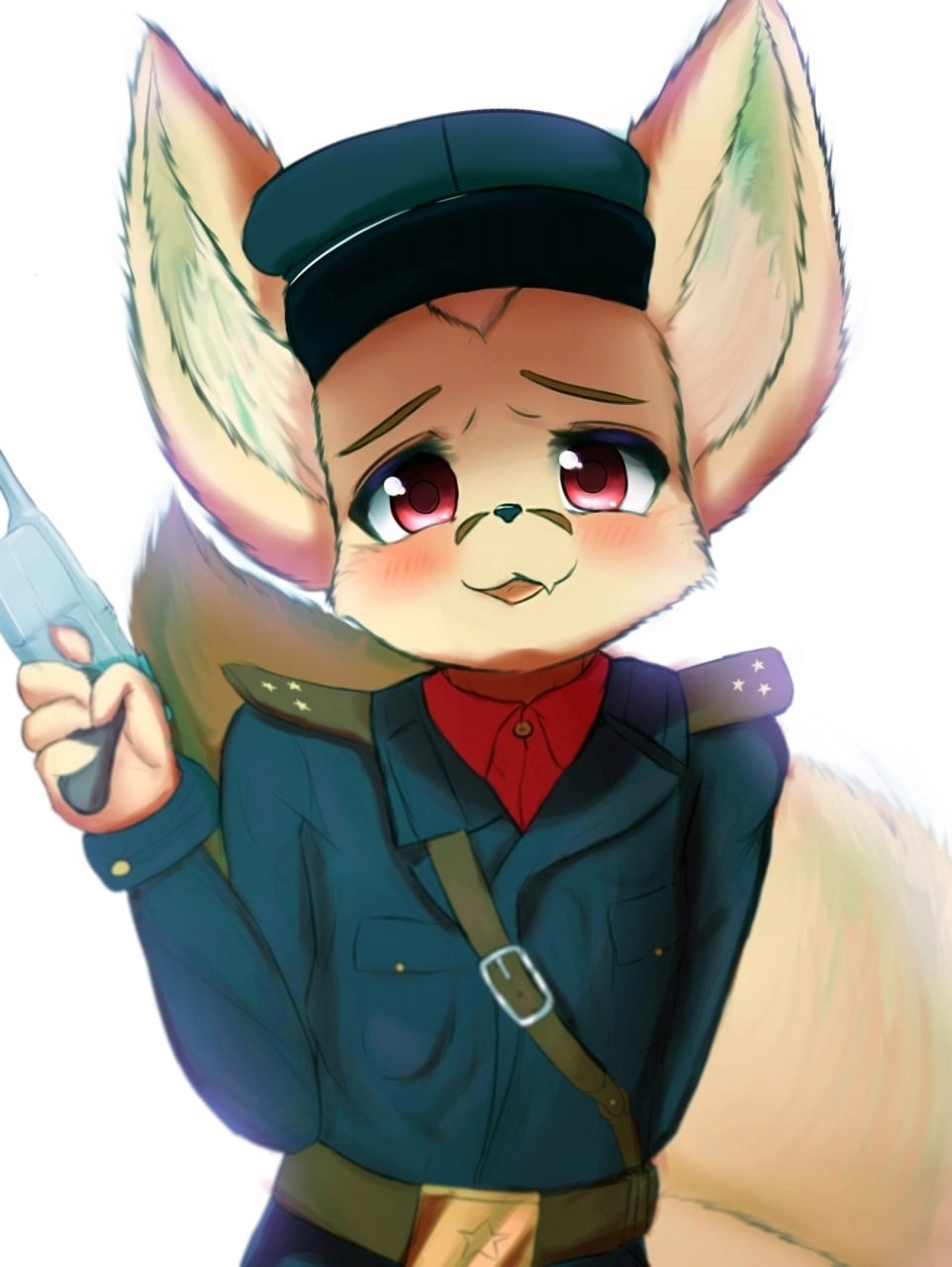 🖼️ Арт — антропоморфная лисица в советской форме (chibi-стиль): тёмно-синий мундир с красной рубашкой под ним, фуражка, золотые звёздочки на погонах, пистолет в правой лапе; румянец на щёчках, красные глаза.