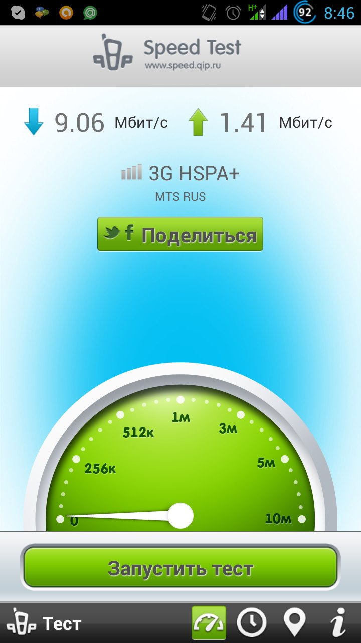 Android-приложение Speed Test (speed.qip.ru): результат — скачивание 9.06 Мбит/с (стрелка вниз), загрузка 1.41 Мбит/с (стрелка вверх); сеть 3G HSPA+, оператор MTS RUS; зелёный циферблат-спидометр, стрелка у нуля; время 8:46