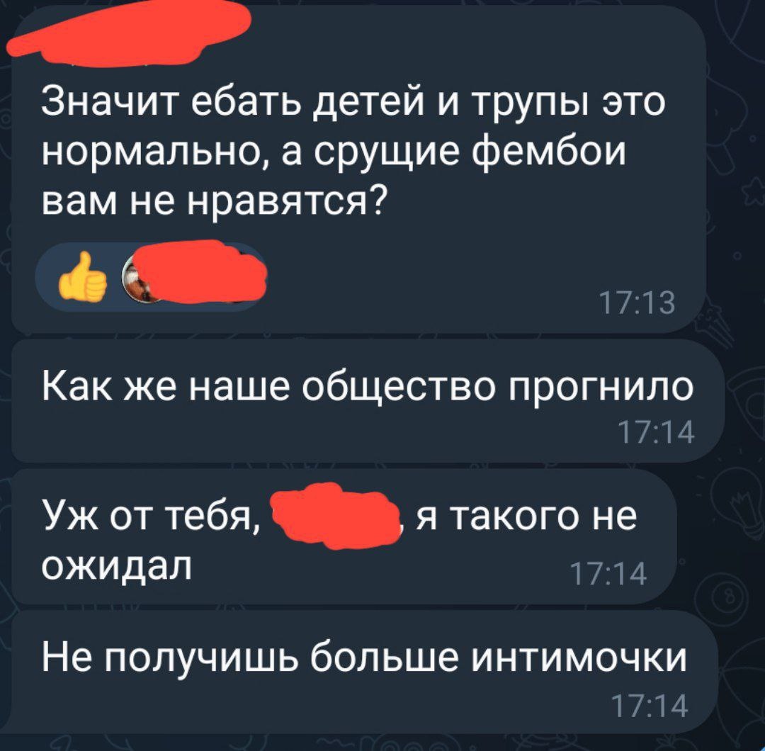 📋 Telegram-переписка: «Значит ебать детей и трупы это нормально, а срущие фембои вам не нравятся?» (17:13, реакция 👍); «Как же наше общество прогнило» (17:14); «Уж от тебя, [имя закрашено], я такого не ожидал» (17:14); «Не получишь больше интимочки» (17:14).