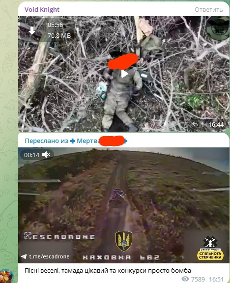 📋 Telegram «Void Knight»: два прикреплённых видео (05:50 70.8 МБ и 00:14 с дрона); «Переслано из «Мертва...»»; подпись «Песні веселі, тамада цікавий та конкурси просто бомба»; 7589 просмотров 16:51.
