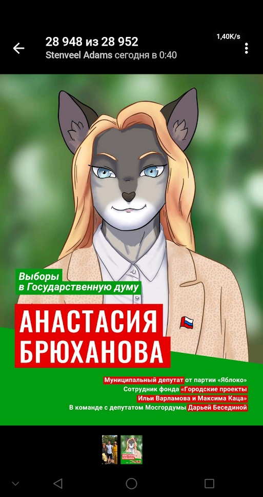 📋 Telegram «Фурри Москвы», Stenveel Adams: агитационный пост с анимированным персонажем и надписью «АНАСТАСИЯ БРЮХАНОВА» на красном фоне — выборы в Государственную думу.