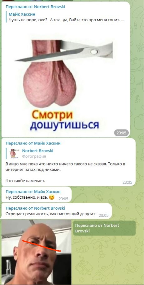 📋 Telegram: мем с ножницами «Смотри дошутишься» (розовый фон); «Переслано от Майк Хаскин: Norbert Brovski: В лицо мне пока что никто ничего такого не сказал. Только в интернет чатах под никами. Что какбе намекает. Ну, собственно, всё.»; «Отрицает реальность, как настоящий депутат» — фото лысого мужчины с красной пометкой.