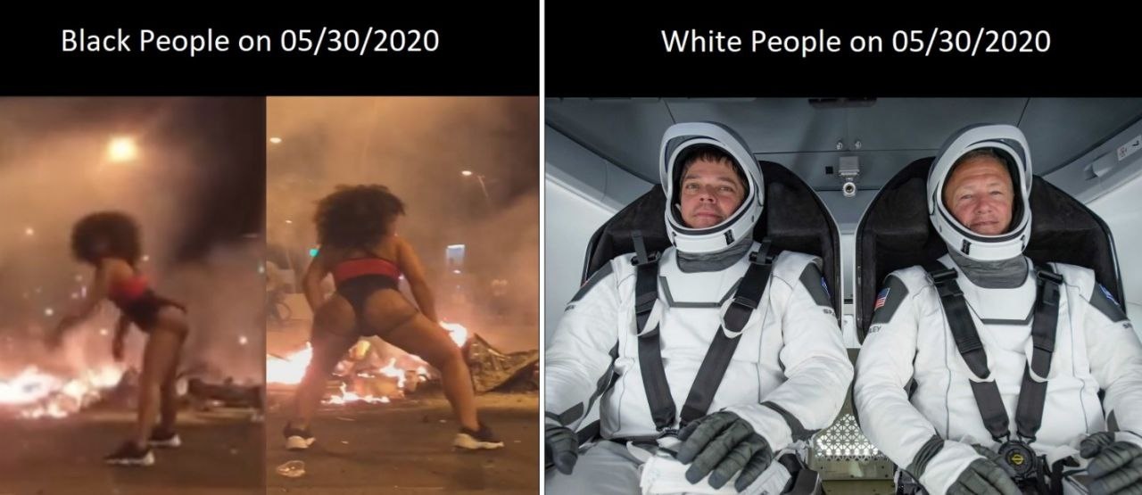 Мем: слева «Black People on 05/30/2020» — фото протестующих у огня ночью; справа «White People on 05/30/2020» — два астронавта SpaceX в белых скафандрах в кресле капсулы