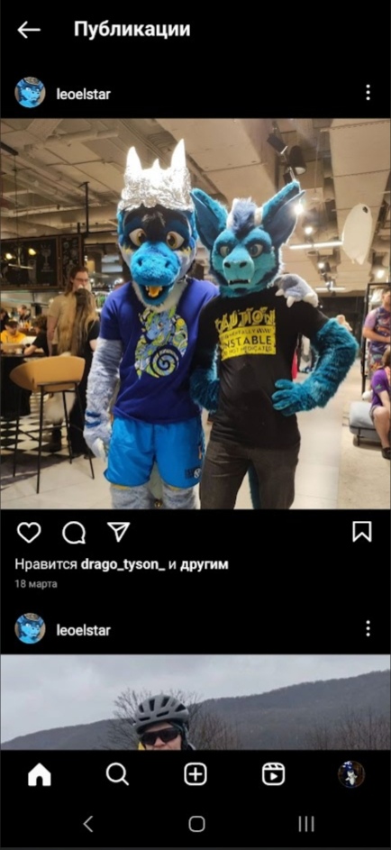 📋 Instagram «leoelstar» — Публикации: фото двух людей в синих фурсьютах (один с серебряной короной, другой в чёрной футболке «CAUTION UNSTABLE»); «Нравится drago_tyson_ и другим. 18 марта».