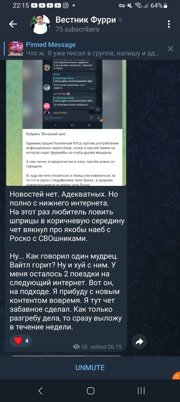 📋 Telegram, канал «Вестник Фурри» (75 subscribers): закреплённое сообщение с постом «Рубрика «Вечерний шиз»»; текст: «Новостей нет. Адекватных. Но полно с нижнего интернета... Вайтл горит? Ну и хуй с ним. У меня осталось 2 поездки на следующий интернет»; 58 просмотров, edited 06:19.