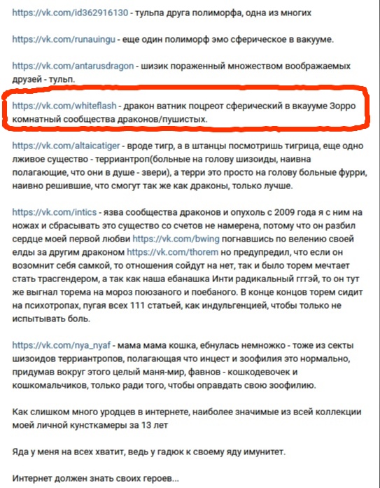 📋 ВКонтакте, продолжение списка Rainbow Serpentra: выделен vk.com/whiteflash — «дракон ватник пиздрот сферический в вакууме Зорро комнатный сообщества драконов/пушистых»; далее — оскорбительный текст о vk.com/intics.