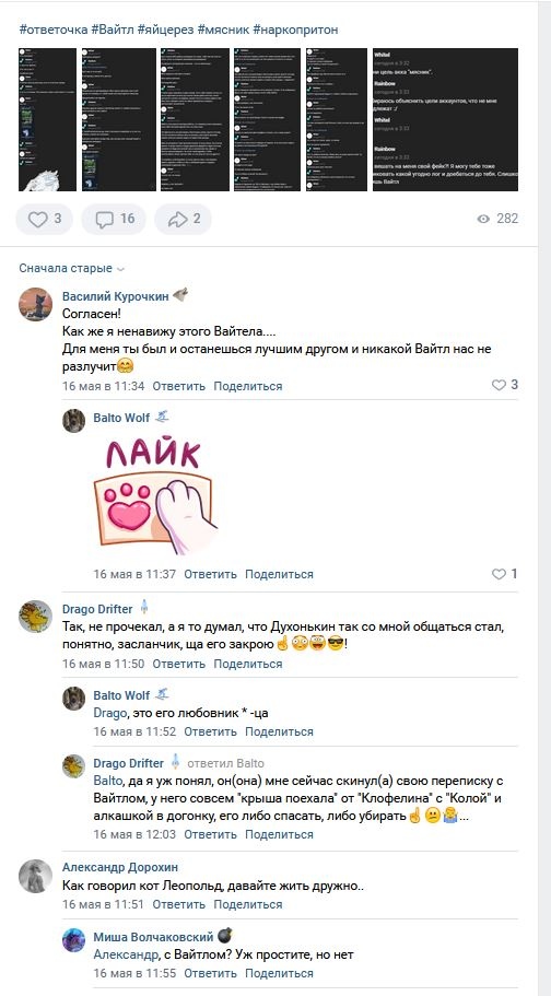 📋 ВКонтакте (#ответочка #Вайтл #яйцерез #мясник #наркопритон; 3 лайка, 16 комментариев, 2 репоста, 282 просмотра): Василий Курочкин «Согласен! Как же я ненавижу этого Вайтела.... Для меня ты был и останешься лучшим другом»; Balto Wolf [стикер «ЛАЙК»]; Drago Drifter «Так, не прочекал, а я то думал, что Духонькин так со мной общаться стал»; Balto Wolf «Drago, это его любовник *-ца»; Drago Drifter «он(она) мне сейчас скинул(а) свою переписку с Вайтлом, у него совсем крыша поехала от Клофелина, его либо спасать, либо убирать»; Александр Дорохин «Как говорил кот Леопольд, давайте жить дружно...»; Миша Волчаковский «Александр, с Вайтлом? Уж простите, но нет»