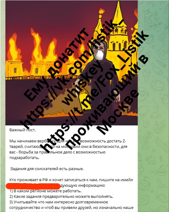 📋 Telegram пост с наложенными надписями «ДОНАТИТ Emu vk.com/listik_whiskey https://t.me/Fox_Listik»; текст «Важный пост. Мы начинаем верифицированную... возможность достать Z-тварей... задания для соискателей есть разные... Кто проживает в РФ хочет записаться к нам, пишите на имейл... 1) В каком регионе можете работать. 2) Какие задания предварительно можете выполнять...»