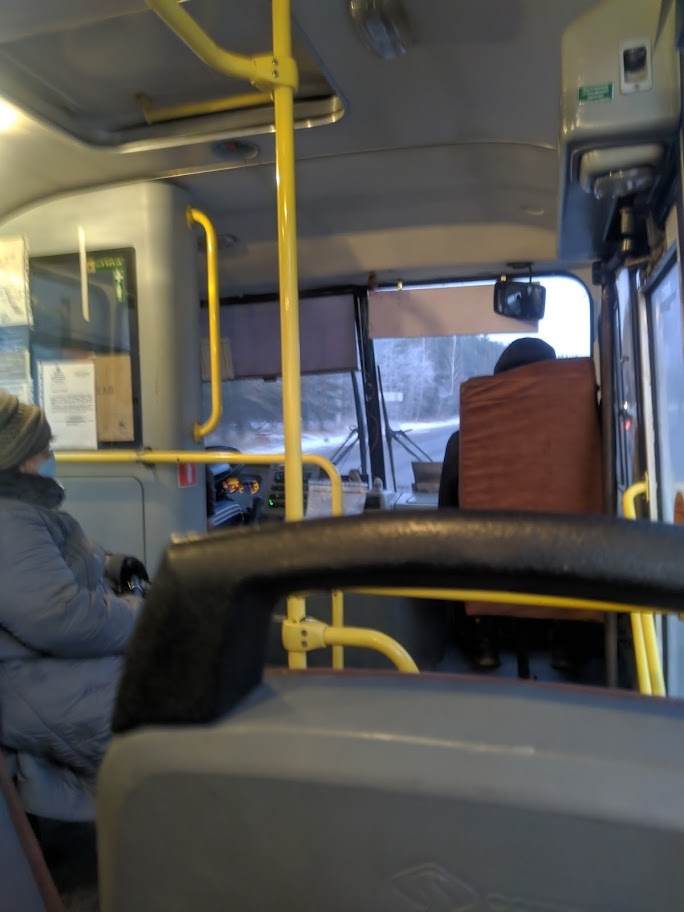 📷 Интерьер городского автобуса: жёлтые поручни, пассажирка в серой куртке и маске слева, водитель вдали за рулём, зимний заснеженный пейзаж за окном