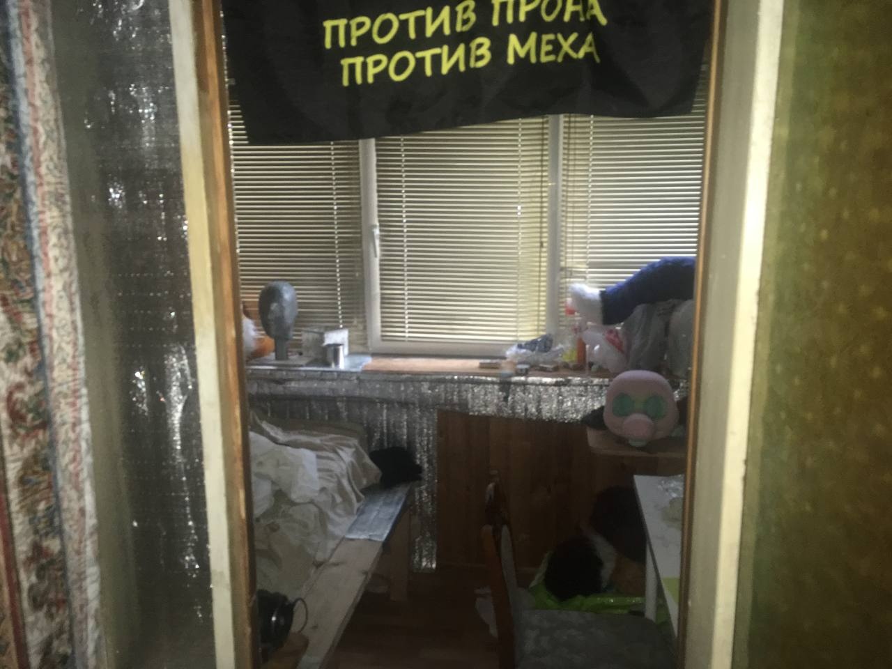 📷 Вид в дверной проём — небольшая комната: кровать у стены, над окном чёрный баннер с надписью «ПРОТИВ ПРОН... ПРОТИВ МЕХА...», на подоконнике игрушки (розовая плюшевая голова и другие), беспорядок на столе.